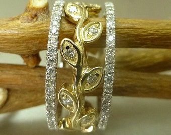 Diamond and leaf engagement ring set.  14k gold