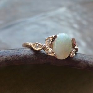 Opal engagement ring. Opal and diamonds ring. 14k rose gold opal leaf ring. image 3