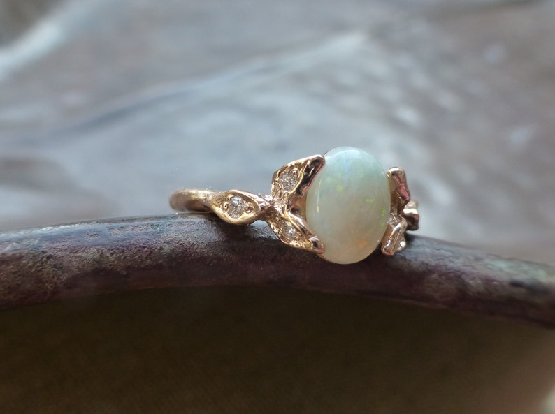 Opal engagement ring. Opal and diamonds ring. 14k rose gold opal leaf ring. image 3