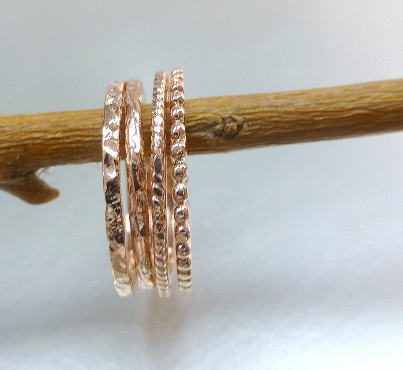 14k gold stacking ring set. Also available individually. Rose gold wedding bands. 14k pink gold textured bands. image 3