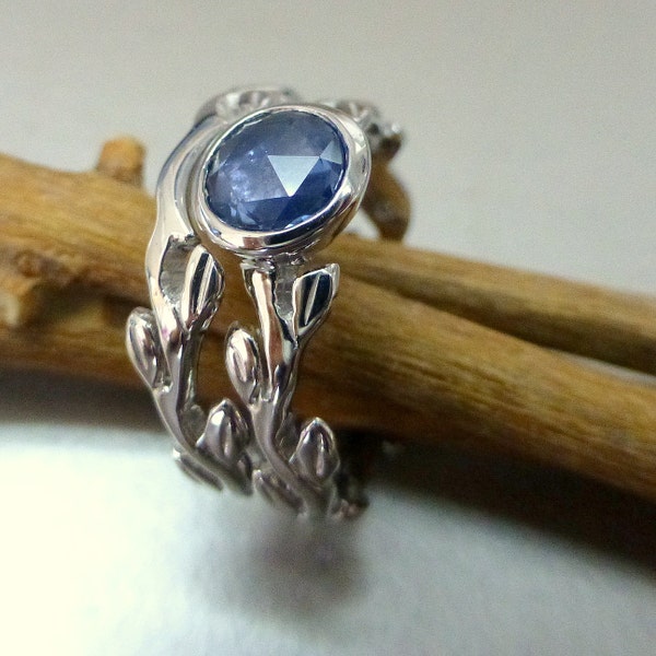 Rose cut blue sapphire engagement ring set.  14k gold white gold vine set. Blue sapphire ring.  Leaf ring set with blue rose cut sapphire.