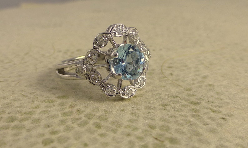 Floral engagement ring. Aquamarine ring. Diamond ring. image 3