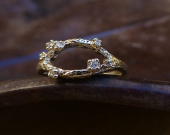 Branch engagement ring.  Textured branch diamond ring. 14k yellow gold branch engagement ring. Ready to ship.