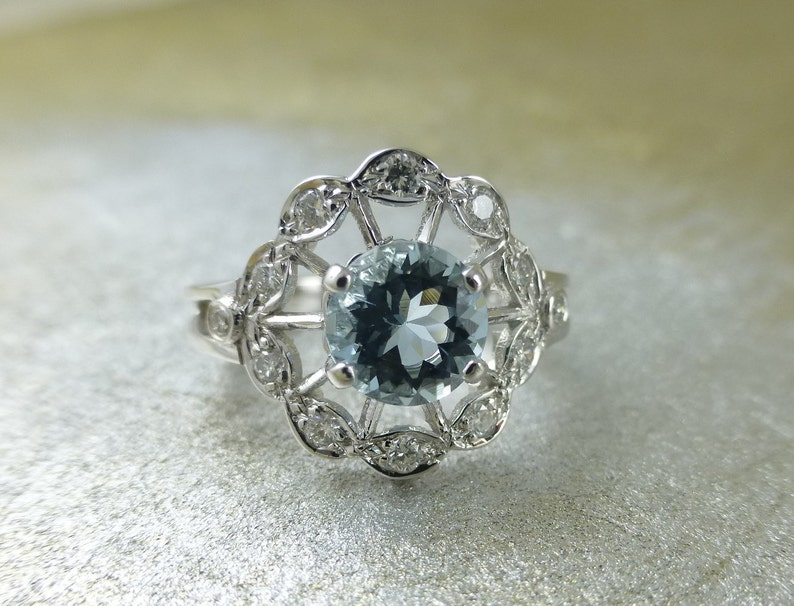 Floral engagement ring. Aquamarine ring. Diamond ring. image 1