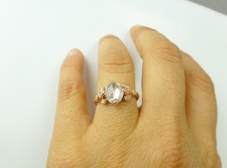 Rose cut white sapphire leaf ring. Pear shape rose cut white sapphire. Rose cut leaf engagement ring.14k rose gold leaf ring.Textured ring. image 4