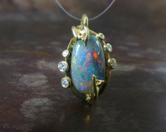 Opal pendant. 18k yellow gold opal necklace. Opal leaf pendant.  Opal diamond pendant. Ready to ship.