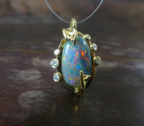 Opal pendant. 18k yellow gold opal necklace. Opal leaf pendant.  Opal diamond pendant. Ready to ship.