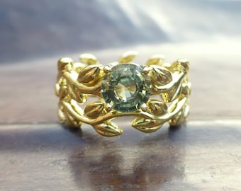 Leaf vine engagement ring set.  14k yellow gold leaf ring.  Green sapphire leaf engagement ring set.  Round green sapphire leaf ring set.