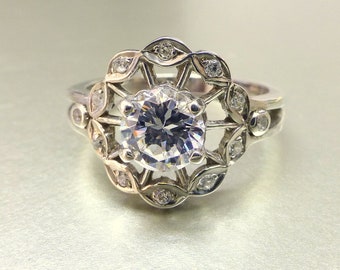 Flower engagement ring.  White sapphire flower ring.  Diamond engagement ring. 14k white gold ring. Anniversary ring.