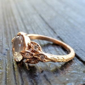 Rose cut white sapphire leaf ring. Pear shape rose cut white sapphire. Rose cut leaf engagement ring.14k rose gold leaf ring.Textured ring. image 2