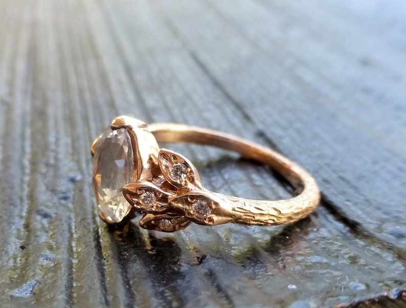 Rose cut white sapphire leaf ring. Pear shape rose cut white sapphire. Rose cut leaf engagement ring.14k rose gold leaf ring.Textured ring. image 2