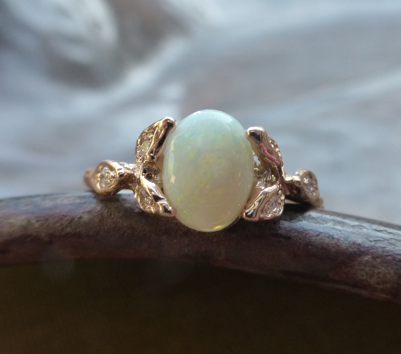 Opal engagement ring. Opal and diamonds ring. 14k rose gold opal leaf ring. image 2