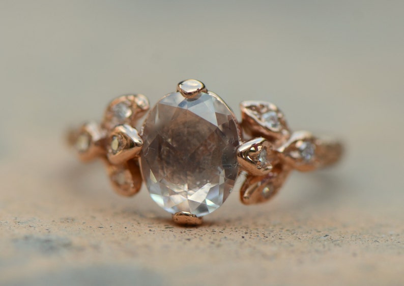 Rose cut white sapphire leaf ring. Pear shape rose cut white sapphire. Rose cut leaf engagement ring.14k rose gold leaf ring.Textured ring. image 1