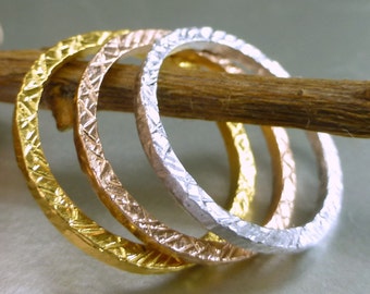 14k gold Stacking ring set.  Hammered bands. 3 stacking rings. Textured stacking rings.