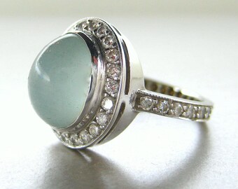 Milky aquamarine ring. Aquamarine diamond ring. Milky aquamarine engagement ring. 14k white gold with milky aquamarine.