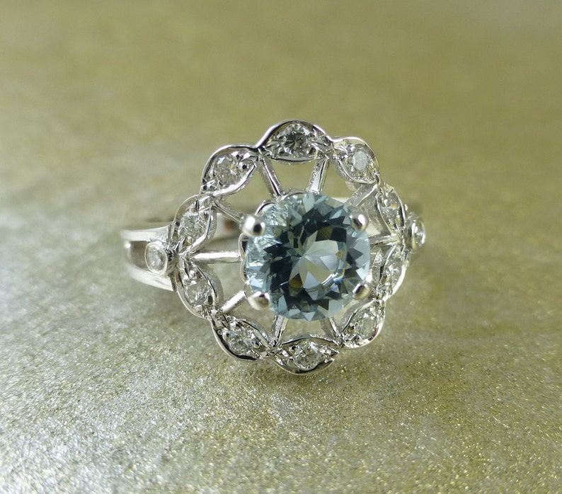 Floral engagement ring. Aquamarine ring. Diamond ring. image 2