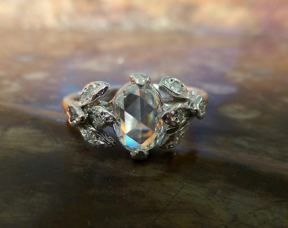 Classic Rose cut oval diamond engagement ring. Classic Rose cut diamond leaf ring. 14k white gold. Gorgeous design. Unique ring.