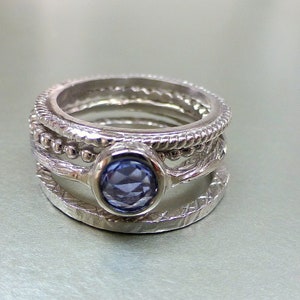 Rose cut blue sapphire engagement ring. Textured blue sapphire ring. 14k white gold rose cut ring. image 4