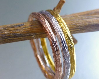 Textured stacking rings. 14k gold bands. 3 stacking rings.  Bark textured stacking rings.