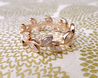 Diamond marquis ring. Eternity leaf ring with marquis diamonds. 14k rose gold leaf ring.
