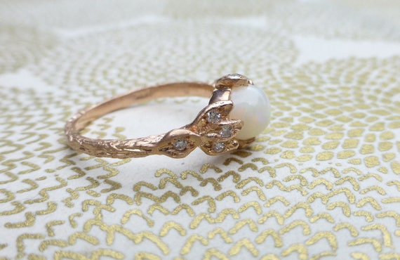 14k rose gold opal leaf ring.  Opal leaf ring. Round opal engagement ring. Textured opal ring.  Australian Opal ring. Ready to ship.
