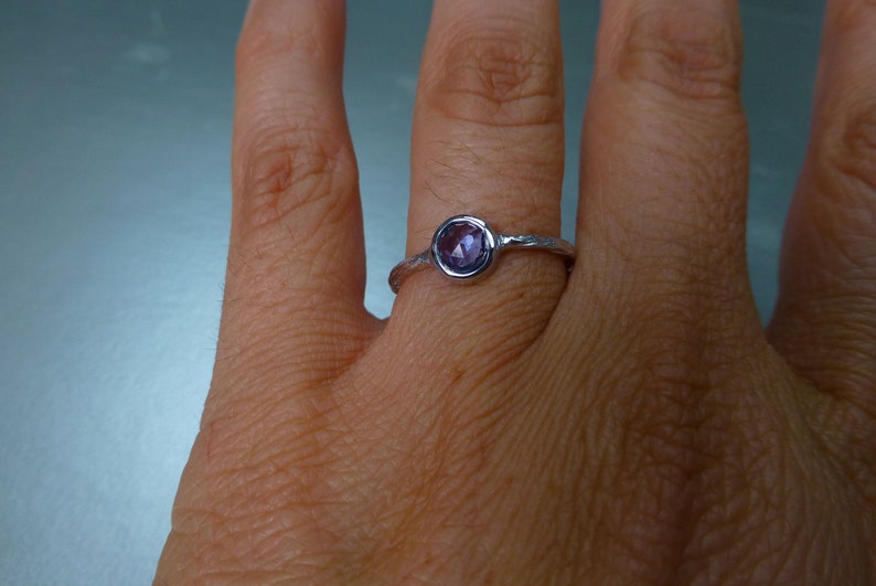 Rose cut blue sapphire engagement ring. Textured blue sapphire ring. 14k white gold rose cut ring. image 3