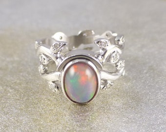 Opal engagement ring.  Ring with leaves and opal.  14k white gold ring.