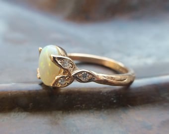 Opal engagement ring.  Opal and diamonds ring.  14k rose gold opal leaf ring.