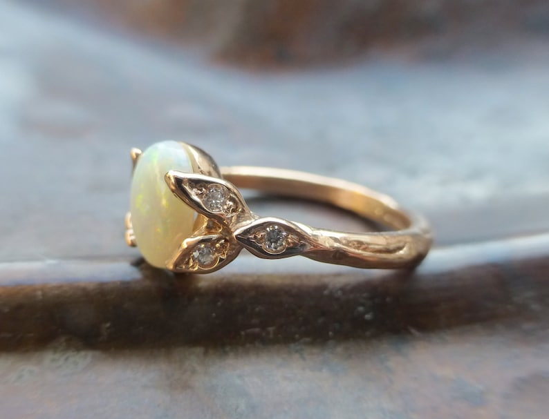 Opal engagement ring. Opal and diamonds ring. 14k rose gold opal leaf ring. image 1
