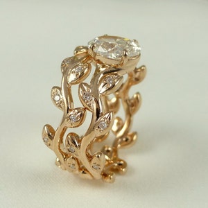 Leaf diamond engagement ring set.    Rustic ring. 14k pink gold diamond ring
