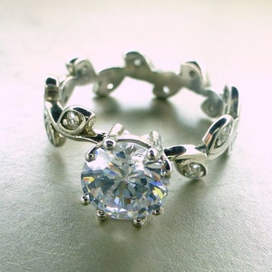 White sapphire Engagement ring.  Leaf engagement ring. 14k white gold ring with leaves. Vine and leaf engagement ring. Anniversary band.