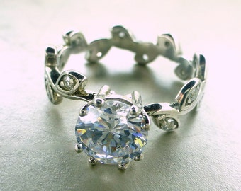 White sapphire Engagement ring.  Leaf engagement ring. 14k white gold ring with leaves. Vine and leaf engagement ring. Anniversary band.