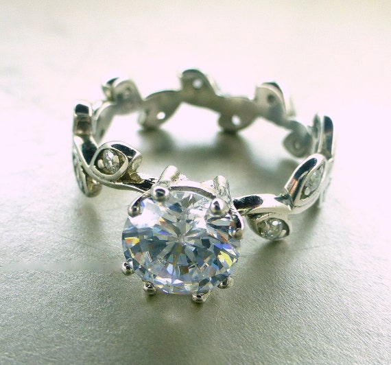 White sapphire Engagement ring.  Leaf engagement ring. 14k white gold ring with leaves. Vine and leaf engagement ring. Anniversary band.