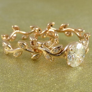 Leaf diamond engagement ring set. Rustic ring. 14k pink gold diamond ring image 3