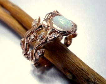 Engagement ring with opal and diamonds. Opal ring set.  Leaf engagement ring set.  14k rose gold opal ring.