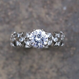 Moissanite engagement ring. Leaf floral engagement ring. Leaf engagement ring with round Moissanite. 14k white gold leaf vine ring. image 4