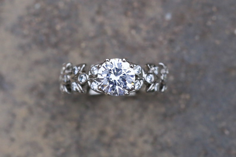 Moissanite engagement ring. Leaf floral engagement ring. Leaf engagement ring with round Moissanite. 14k white gold leaf vine ring. image 4