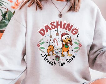 Dashing through The Snow Slink Dog Christmas Sweatshirt, Disney Toy Story Merry Christmas Sweater, Disneyland Family Christmas Trip Tee