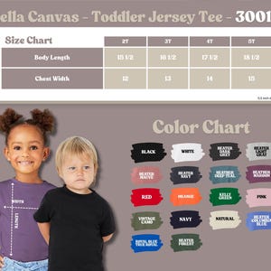 May include: Image of two children, a girl and a boy, modeling toddler t-shirts. The image includes a size chart with measurements in inches and a color chart with various color swatches, including black, white, and red.
