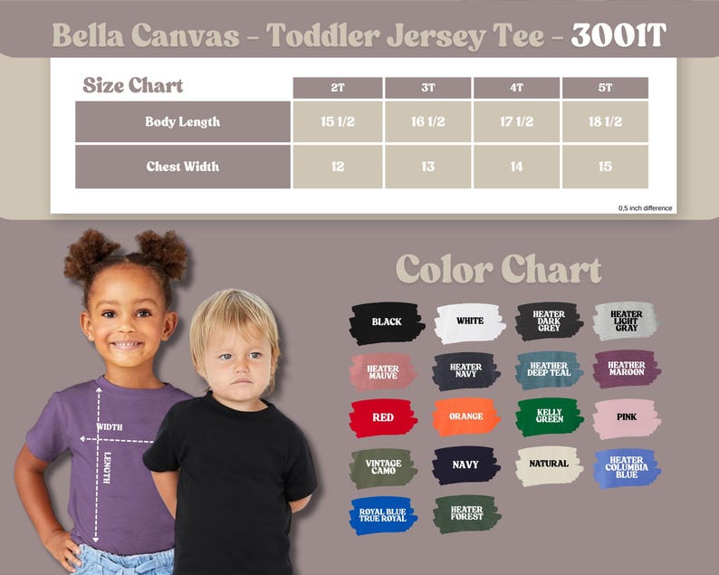 May include: Image of two children, a girl and a boy, modeling toddler t-shirts. The image includes a size chart with measurements in inches and a color chart with various color swatches, including black, white, and red.