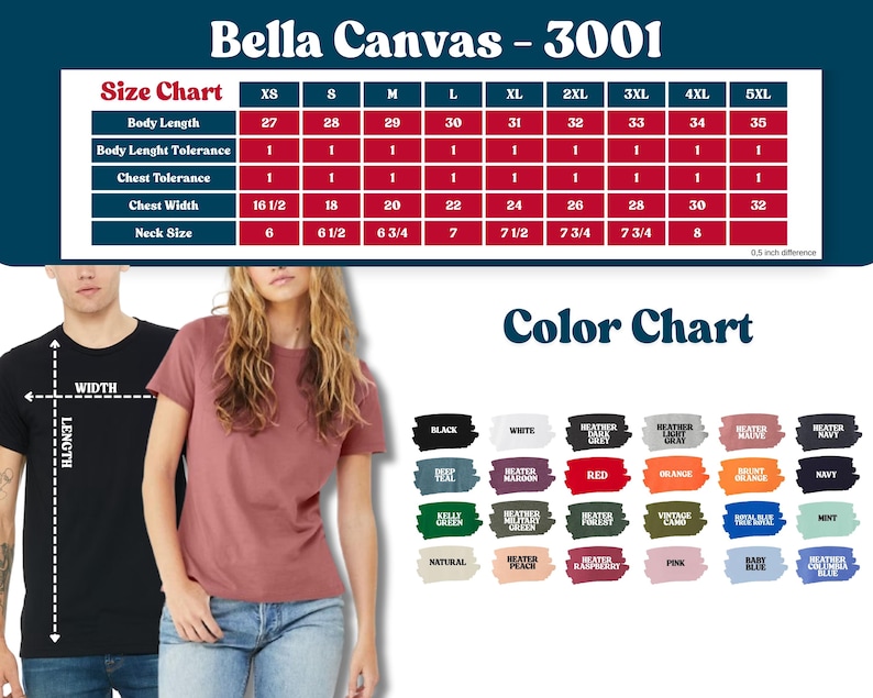 May include: Image features a Bella Canvas 3001 size chart and color chart. The size chart includes measurements for body length, chest width, and neck size. The color chart displays various colors, including black, white, and red. Two people are modeling t-shirts.
