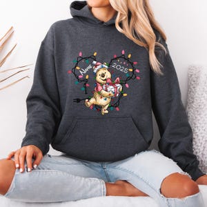 May include: Dark gray hooded sweatshirt featuring a graphic of a cartoon bear holding a gift. The bear is surrounded by a string of colorful Christmas lights. The text "Name 2025" is also included in the design.