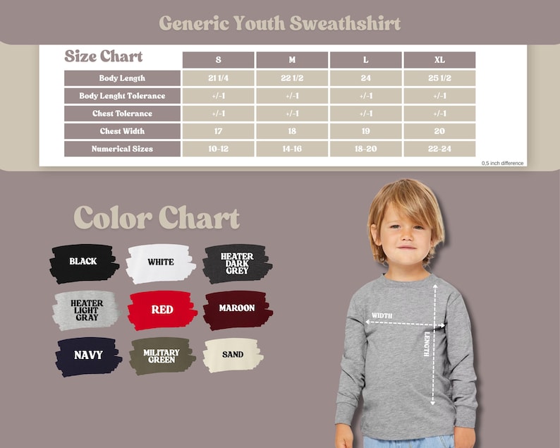 May include: A gray youth sweatshirt with a size chart and color options. The size chart shows body length from 21 1/4 to 25 1/2 inches and chest width from 17 to 20 inches. Color options include black, white, red, navy, and more.