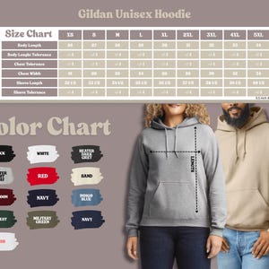 May include: A Gildan Unisex Hoodie size chart and color chart are displayed. The color chart shows various colors, including black, white, red, and navy. The size chart provides measurements for body length, chest width, and sleeve length in inches.