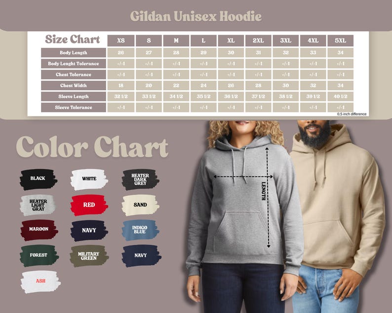 May include: A Gildan Unisex Hoodie size chart and color chart are displayed. The color chart shows various colors, including black, white, red, and navy. The size chart provides measurements for body length, chest width, and sleeve length in inches.