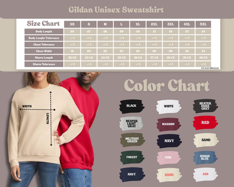 May include: A beige Gildan unisex sweatshirt with a size chart and color options. The size chart shows measurements in inches for body length, chest width, and sleeve length. Color options include black, white, and red.