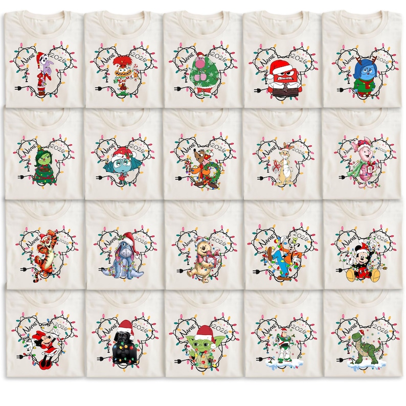 May include: A collection of off-white t-shirts featuring various cartoon characters in Christmas-themed designs. Each shirt has a Mickey Mouse head outline made of Christmas lights, the year 2026, and space for a name.