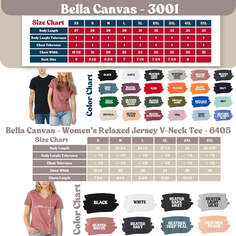 以下が含まれることがあります： Bella Canvas Tシャツのサイズとカラーチャートの画像。チャートには、体の長さ、胸囲、首回りのサイズがインチで表示されています。カラーサンプルには、黒、白、ヘザーグレーなど、さまざまな色合いが表示されています。