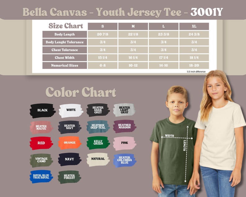 May include: Image features a size and color chart for Bella Canvas Youth Jersey Tee - 3001Y. The chart includes body length, chest width, and numerical sizes. Color options include black, white, red, and navy. Two children model the t-shirts.