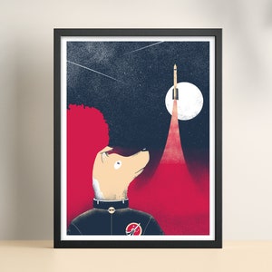 Stampa Space Art, poster serigrafico con cane astronauta Laika e razzo, cane terra, volo spaziale